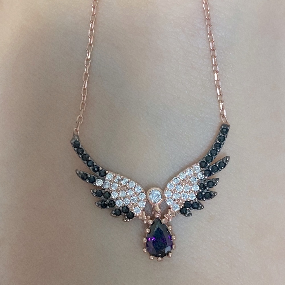 925 Silver angel wing necklace cz rose gold plated with big purple stone wings - Picture 4 of 7